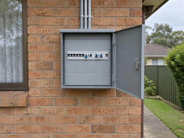 Open exterior switchboard on a brick house wall beside a window in Toongabbie